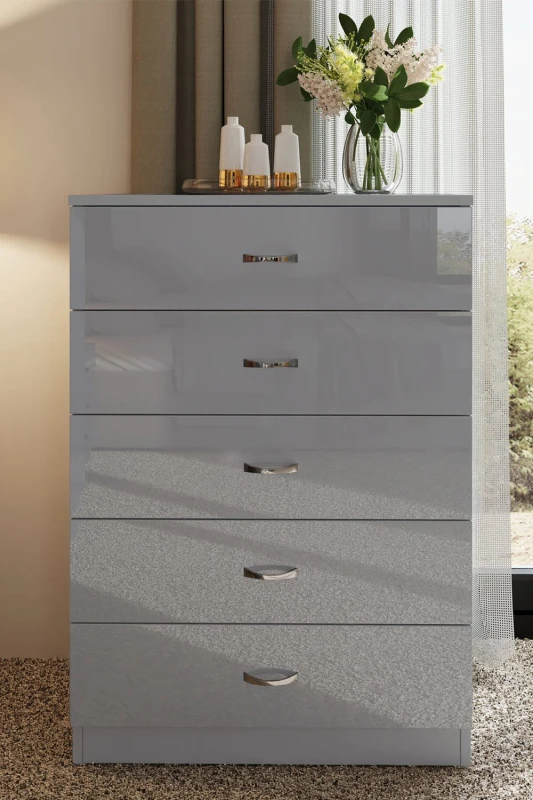 Image of FWStyle FWStyle 5 Drawer Tall High Gloss Chest Of Drawers in Grey Grey One Size Unisex 5056413121080