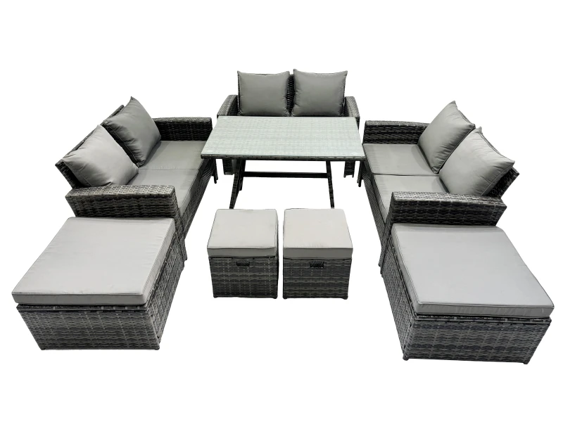 Image of Fimous 10 Seater Outdoor Dining Table Double Seat Sofa 4 Stools Set in Dark Grey Dark Grey Unisex