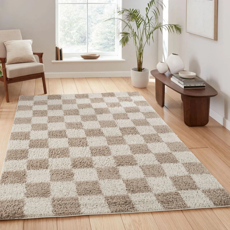 Image of Chester Living Room Shaggy Area Rug Modern - Contemporary Checkered Design - Hallway Runner Indoor Rug Beige 120X170 Cm