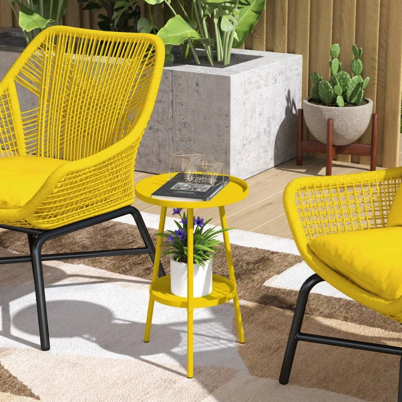 Image of OUTSUNNY Round Garden Table, 2-Tier Metal Patio Table Coffee Table, Yellow Yellow Unisex