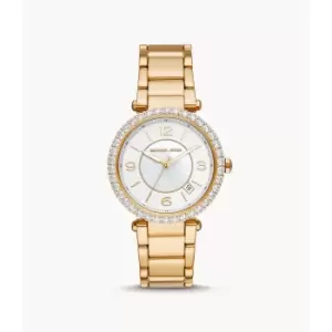 Image of Michael Kors Womens Parker Lux Three-Hand Gold-Tone Stainless Steel Watch - Gold