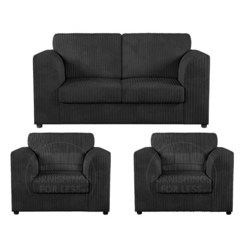 Image of Furnishings For Less UK Luxor Jumbo Cord 2 + 1 + 1 Fabric 3 Piece Sofa Suite - Fullback Black