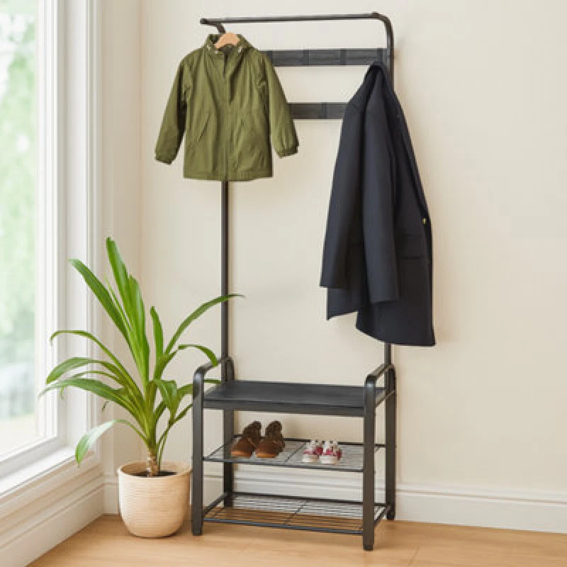 Image of Harbour Housewares Curved Steel Coat Stand With Storage Bench - All Black Design