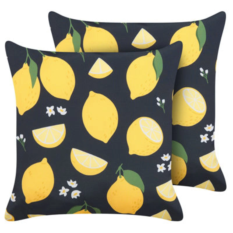 Image of Beliani Set Of 2 Decorative Cushions Citrus 45 X 45cm Black Plant Pattern