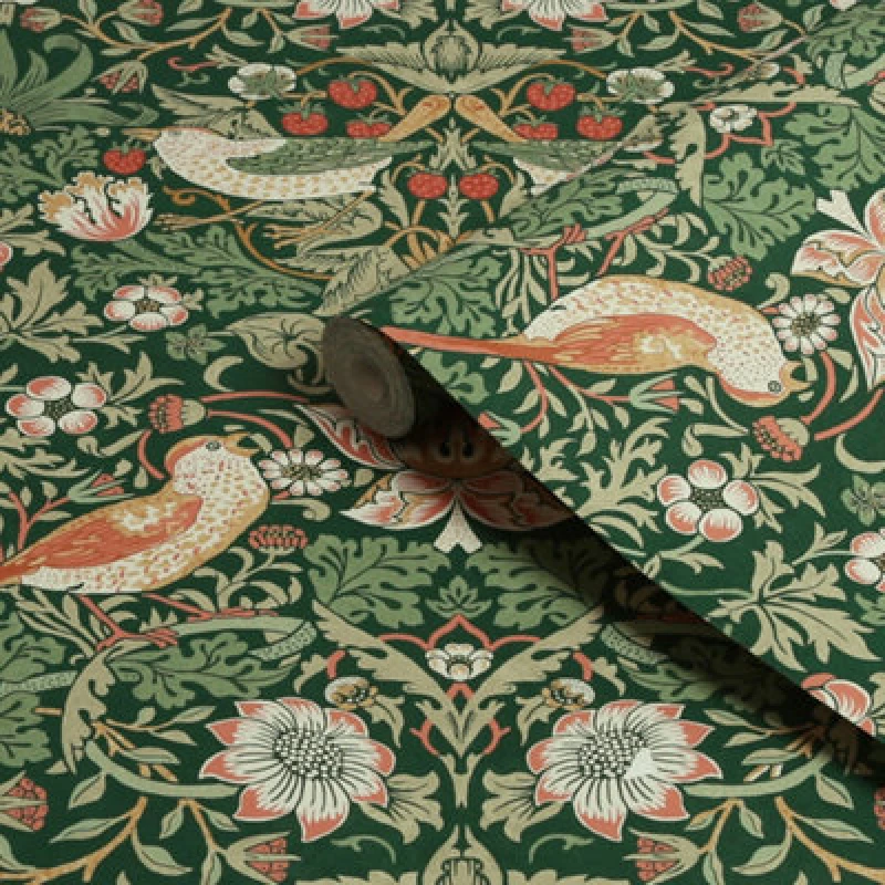 Image of William Morris at Home William Morris at Home Strawberry Thief Rich Green Wallpaper One Size Green 38547615000