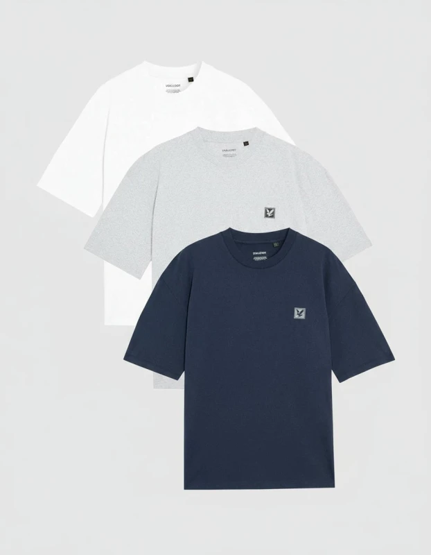 Image of Lyle & Scott Mens 3 Pack Relaxed T-Shirt in White/ Light Grey Marl/ Navy