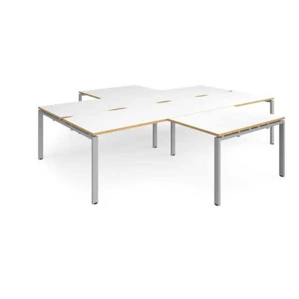 Image of Adapt Bench Desk 4 Person With Return Desks 3200mm White/Oak Tops With Silver Frames Adapt White/Oak ER32168-S-WO