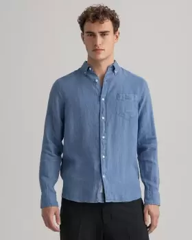 Image of GANT Men Regular Fit Garment-Dyed Linen Shirt (S) Blue