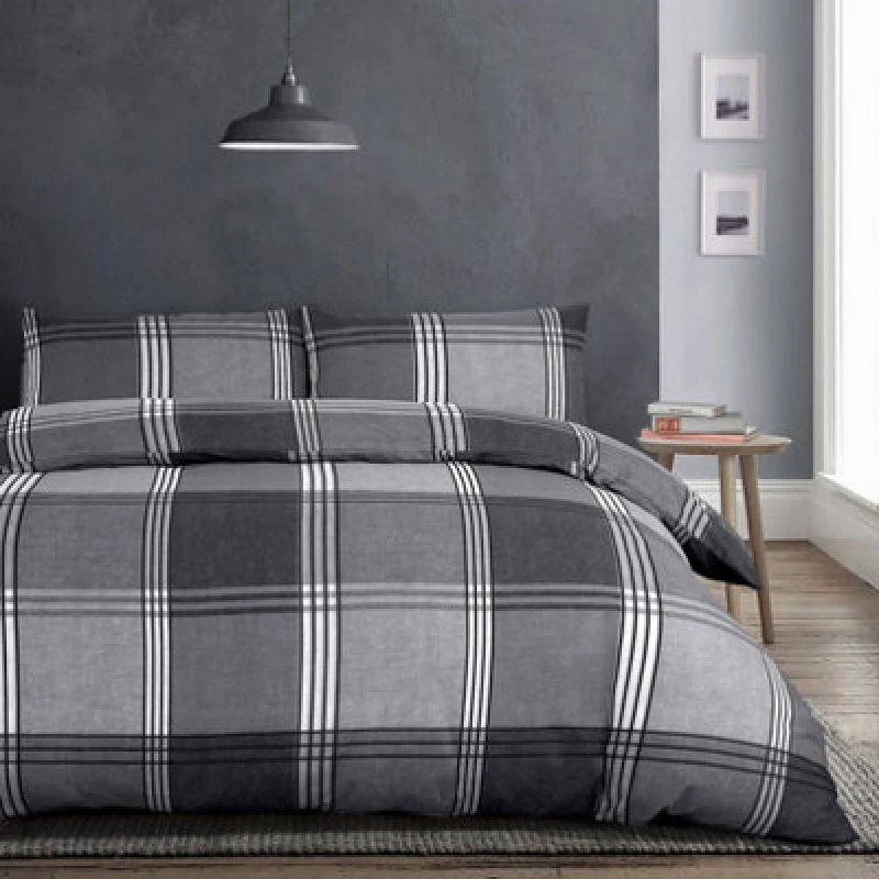 Image of Velosso Hamilton Check Cotton Rich Printed Duvet Cover & Pillowcase Set in Grey Size: Double Grey Unisex Double