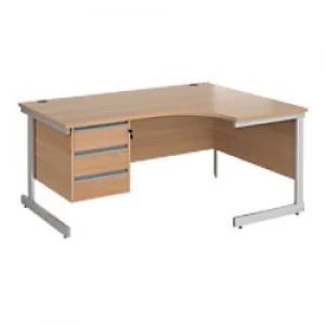 Image of Right Hand Ergonomic Desk with 3 Lockable Drawers Pedestal and Beech Coloured MFC Top with Silver Frame Cantilever Legs Contract 25 1600 x 1200 x 725