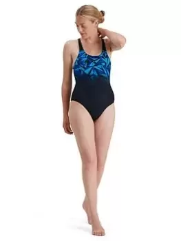 Image of Speedo Hyperboom Placement Muscleback Swimsuit, Dark Blue, Size 38, Women