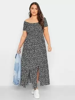 Image of Yours Shirred Bardot Dress Mono Ditsy, Black, Size 14, Women