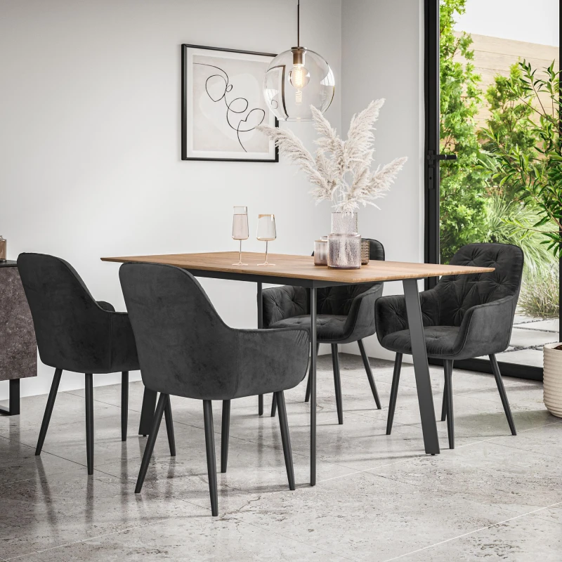Image of More4Homes Haydon Extending Dining Table And Chairs - Oak Effect Table Top W Black Legs + Anika Velvet Dining Chair Set Of 6 (Black)