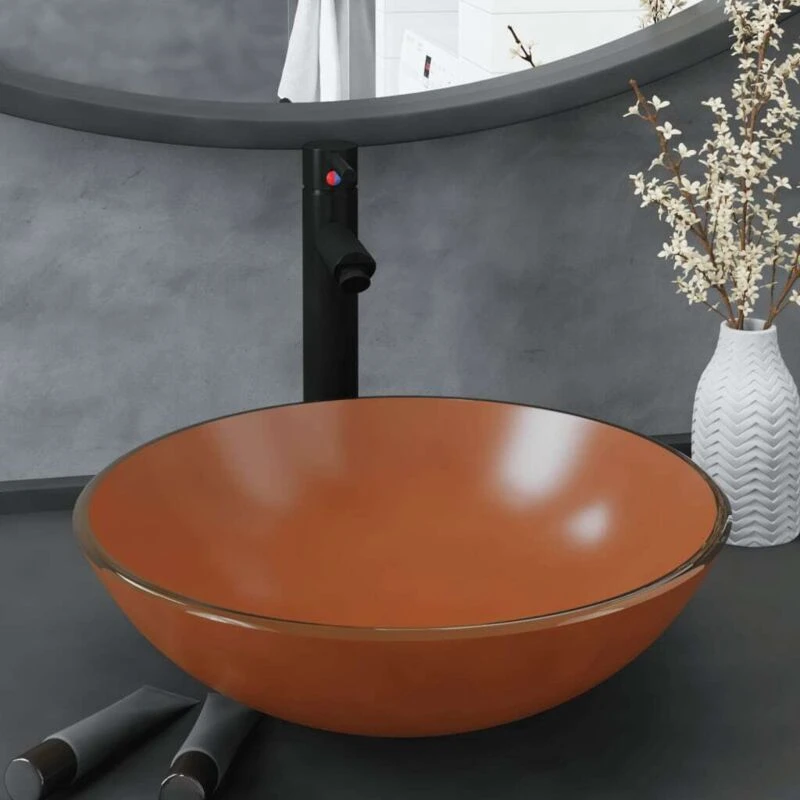 Image of vidaXL Bathroom Sink with Tap and Push Drain Brown Tempered Glass, Brown 3098455