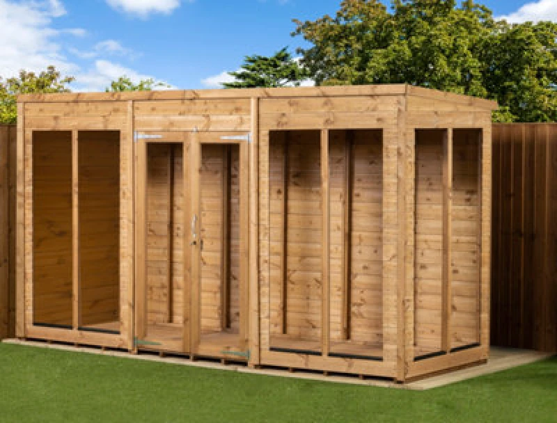 Image of Empire Sheds Empire Pent Summerhouse 12X4 Dipped Treated Tongue And Groove Wooden Garden Shed Double Door (12' X 4' / 12ft X 4ft) (12X4)