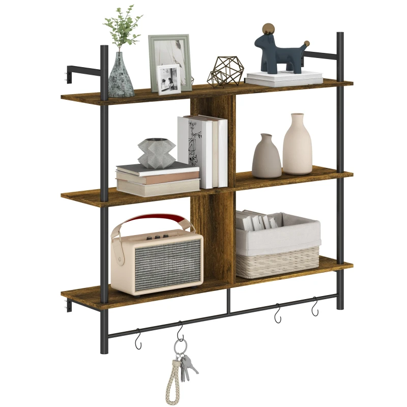 Image of HOMCOM Wall Shelf Unit with 4 Hooks for Living Room - Rustic Brown TJ Hughes Grey 5063603686755
