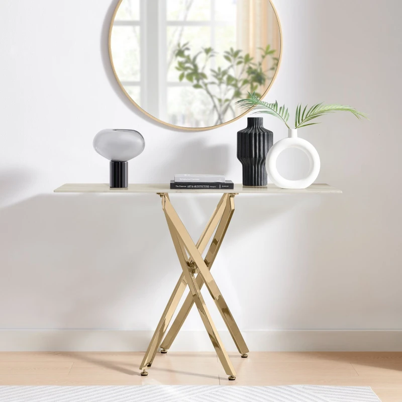 Image of FurnitureboxUK FurnitureboxUK Leonardo Rectangular Marble Effect Glass Top Console Table With Gold Metal Starburst Legs in White White One Size Unisex