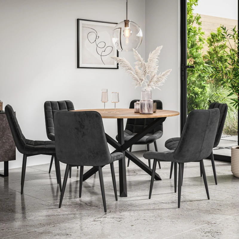 Image of More4Homes Malvern Round Dining Table And Chairs - Oak Table Top W Solid Black Oak Legs + Nova Velvet Dining Chair Set Of 6 (Black)
