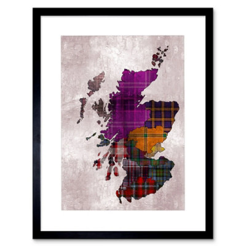Image of Artery8 Wall Art Print Painting Map Outline Scotland Tartan Inset Regions Artwork Framed 9X7 Inch