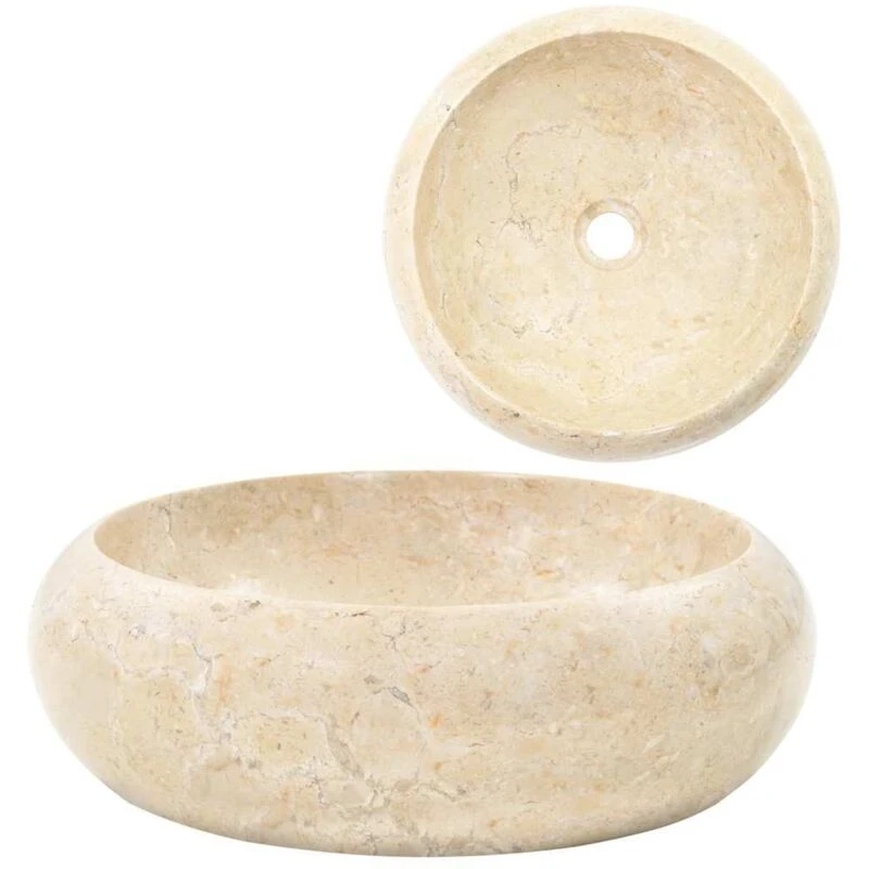 Image of vidaXL Sink 40x12cm Marble Cream Round Bathroom Natural Stone Wash Bowl Basin