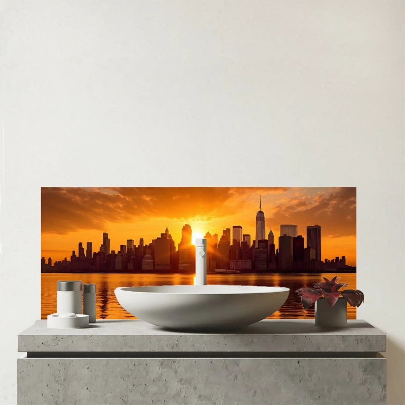 Image of Warren Reed - Designer Sunrise In The City Glass Bathroom Splashback Multicolor Unisex