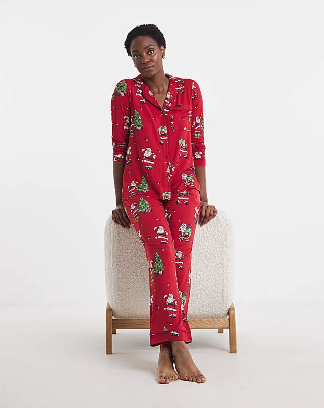 Image of Chelsea Peers Chelsea Peers Button Up Long PJ Set Red/Green - Chelsea Peers - Size: 24 Red/Green Female 24 NH48908