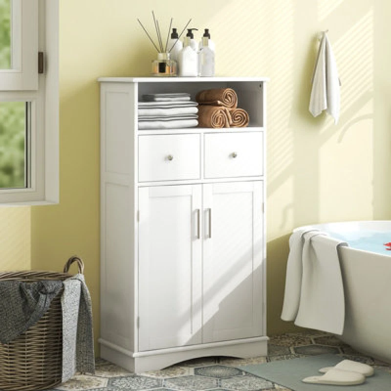 Image of Costway Bathroom Floor Cabinet Home Office Storage Organizer W/2 Drawers & Adjustable Shelves