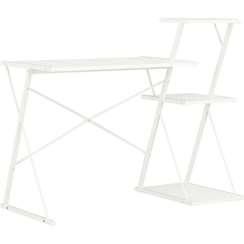 Image of vidaXL Computer Desk with 3 Tier Bookcase X-Shape Legs White Home Office Desk