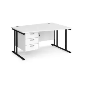 Image of Office Desk Right Hand Wave Desk 1400mm With Pedestal White Top With Black Frame Maestro 25 MC14WRP3KWH