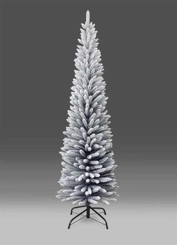 Image of Shatchi 6FT Snow Flocked Artificial Slim Christmas Pencil Tree Holiday Home Decorations with Pointed Tips and Metal Stand White