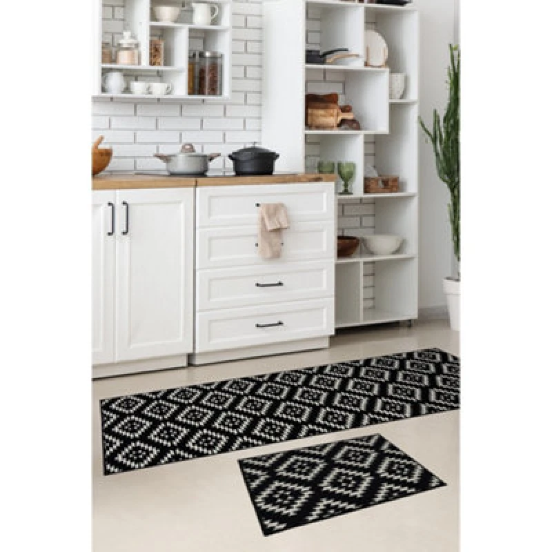Image of Melrose Deco Mat Black Aztec Runner Rug & Matching Floor Mat 57/150Cm & 57/40Cm