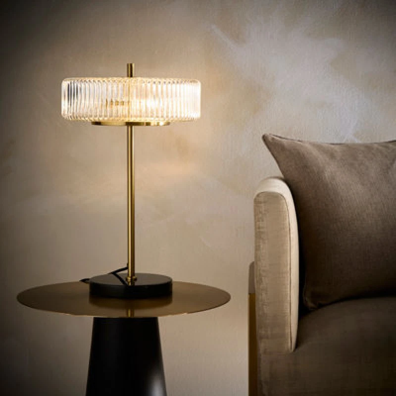 Image of K LIVING 2 Light Clear Ribbed Glass Collection including Table lamp in a Brass finish Gold
