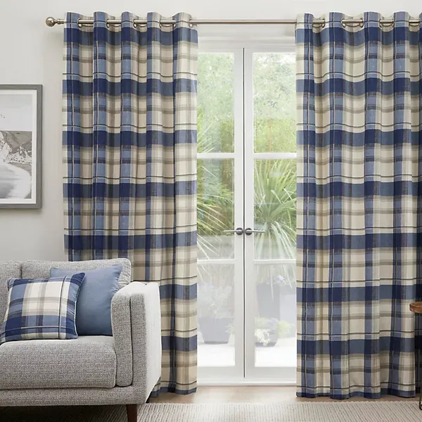 Image of Fusion Balmoral Check Ready Made Eyelet Curtains Navy