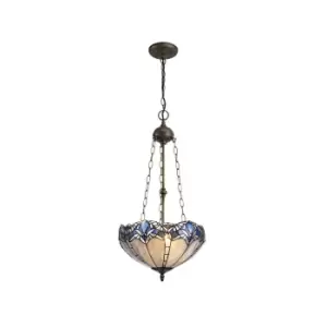 Image of 3 Light Uplighter Ceiling Pendant E27 With 40cm Tiffany Shade, Blue, Clear Crystal, Aged Antique Brass