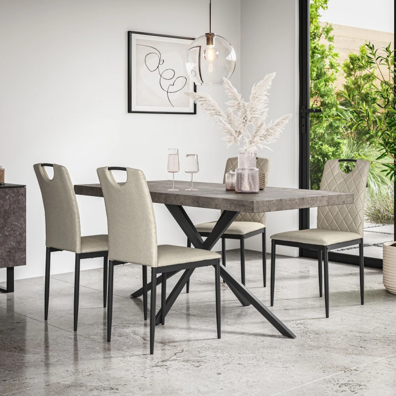 Image of More4Homes Donni Dining Table And Chairs - Concrete Effect Table Top W Black Legs + Monza Linen Dining Chair Set Of 6 (Beige)