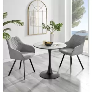 Image of Furniturebox UK - Furniturebox Elina White Marble Effect Modern 80cm Round Dining Table & 2 Light Grey Falun Black Leg Fabric Chairs