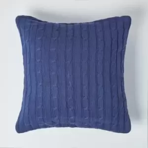 Image of Homescapes - Cotton Cable Knit Navy Blue Cushion Cover, 45 x 45cm - Blue