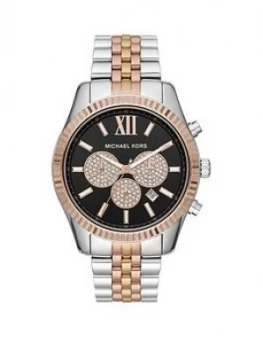 Image of Michael Kors Lexington Black And Rose Gold Glitz Chronograph Dial Two Tone Stainless Steel Bracelet Ladies Watch