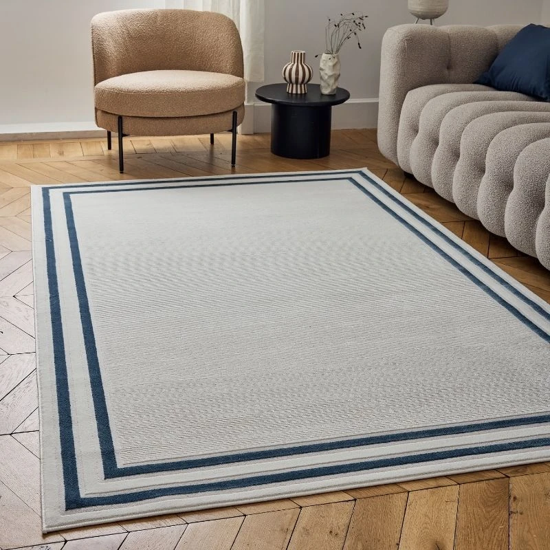 Image of THE RUGS Carmel Modern Area Rugs & Runners Bordered Design Soft Pile in Navy Size: 80cm x 150cm Navy Unisex 80cm x 150 cm
