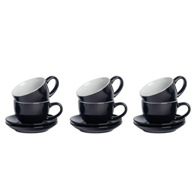 Image of Argon Tableware 12Pc Coloured Cappuccino Cup & Saucer Set - 250ml - Black - Durable Stoneware Coffee Tea Cup Dishwasher
