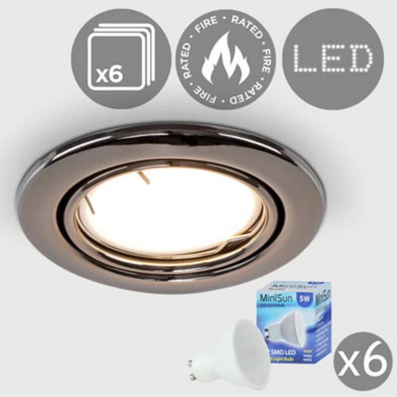 Image of ValueLights Downlight Tiltable Fire Rated Ceiling Light Fitting 6 Pack With Warm White Bulbs Black