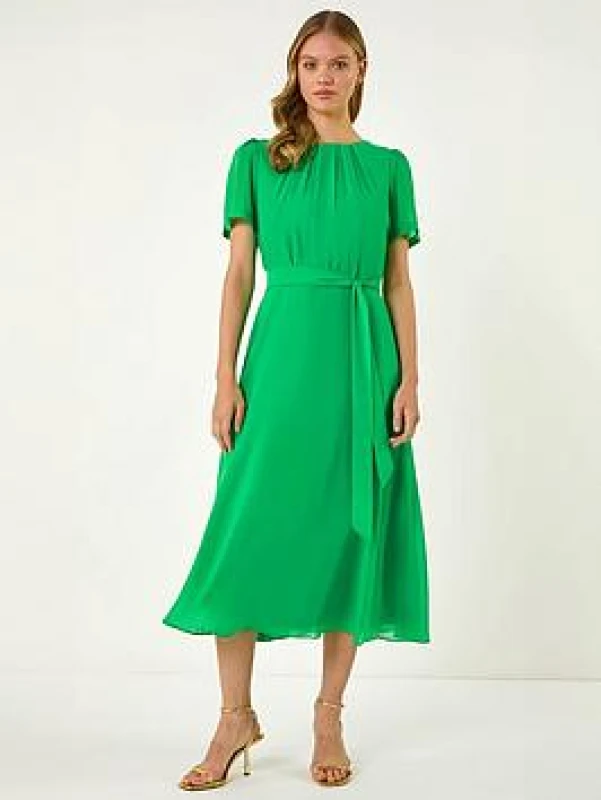 Image of Roman Womens Pleat Chiffon Belted Midi Dress in Green Size: 14 Green Female 14
