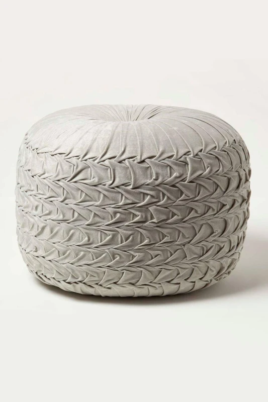 Image of Homescapes Grace Pleated Velvet Pouffe Grey