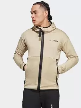 Image of adidas Terrex Terrex Tech Flooce Light Hooded Hiking Jacket, Beige Size M Men