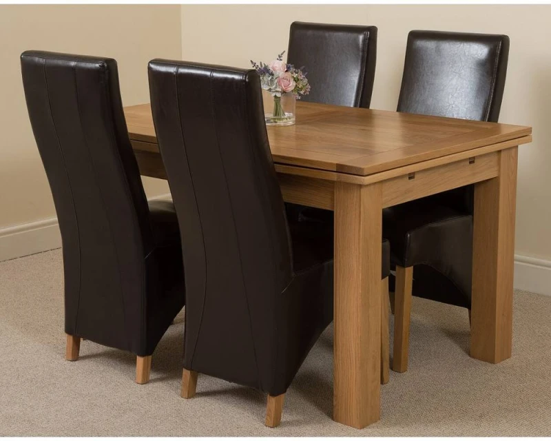 Image of Thats Furniture Richmond 140-220cm Oak Extending Dining Table & 4 Lola Leather Chairs in Brown Brown Unisex