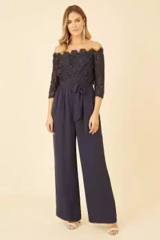 Image of Navy Lace Bardot 3/4 Sleeve Jumpsuit