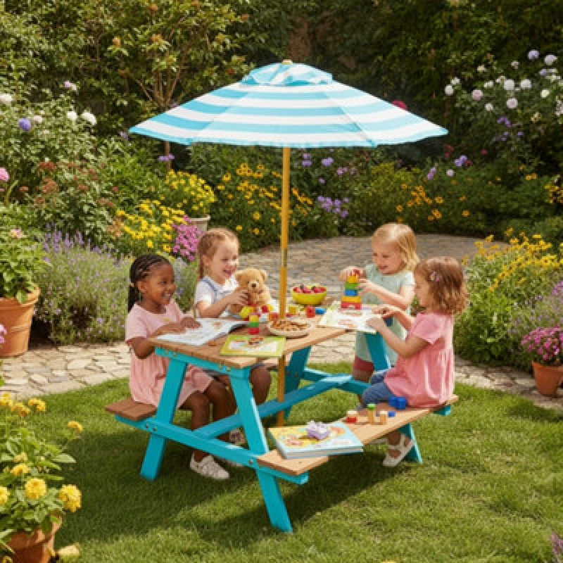 Image of Teamson Kids Children's Wooden Picnic Table With Umbrella For Outdoor Garden Play, Blue
