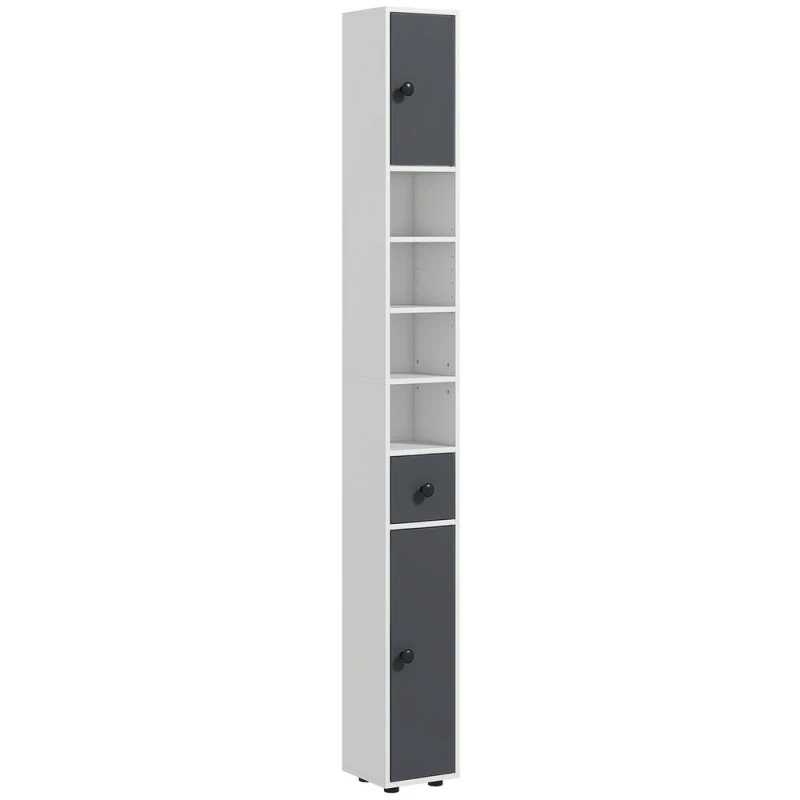 Image of Kleankin 180cm Tall Bathroom Cabinet, Slim Bathroom Storage Cabinet with 4 Open Shelves, 2 Door Cupboards and Adjustable Shelves Grey