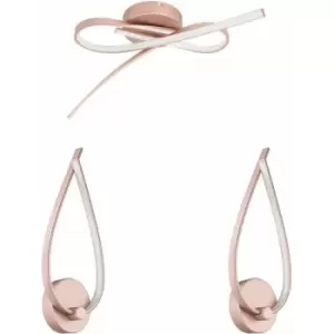 Image of Low Ceiling Light & 2x Matching Wall Lights Rose Gold LED Twist Strip Lamp