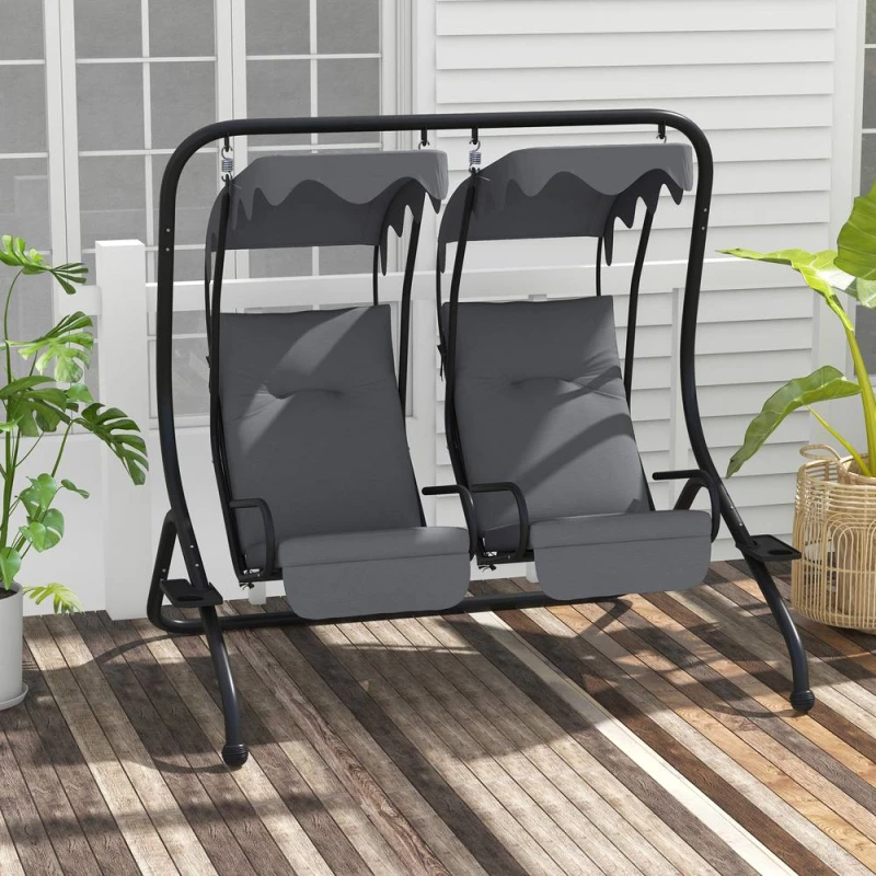 Image of Outsunny Canopy Swing 2 Separate Relax Chairs w/ Handrails, Cup Holders Grey - Outsunny 5056725503291